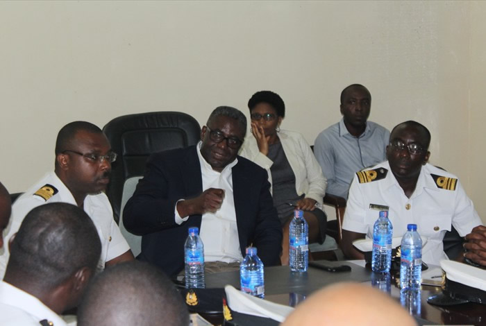Flanked by Naval Commander W. Gasu, (to his right) the DOP of GNPC, Mr Thomas is seen here driving home a point.